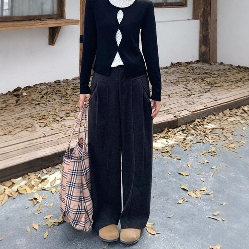 黑色毛呢阔腿西装裤女垂感运动裤