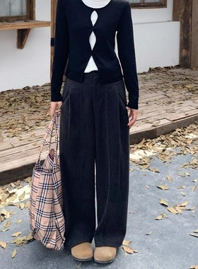 黑色毛呢阔腿西装裤女垂感运动裤春秋韩版复古宽松休闲直筒长裤子