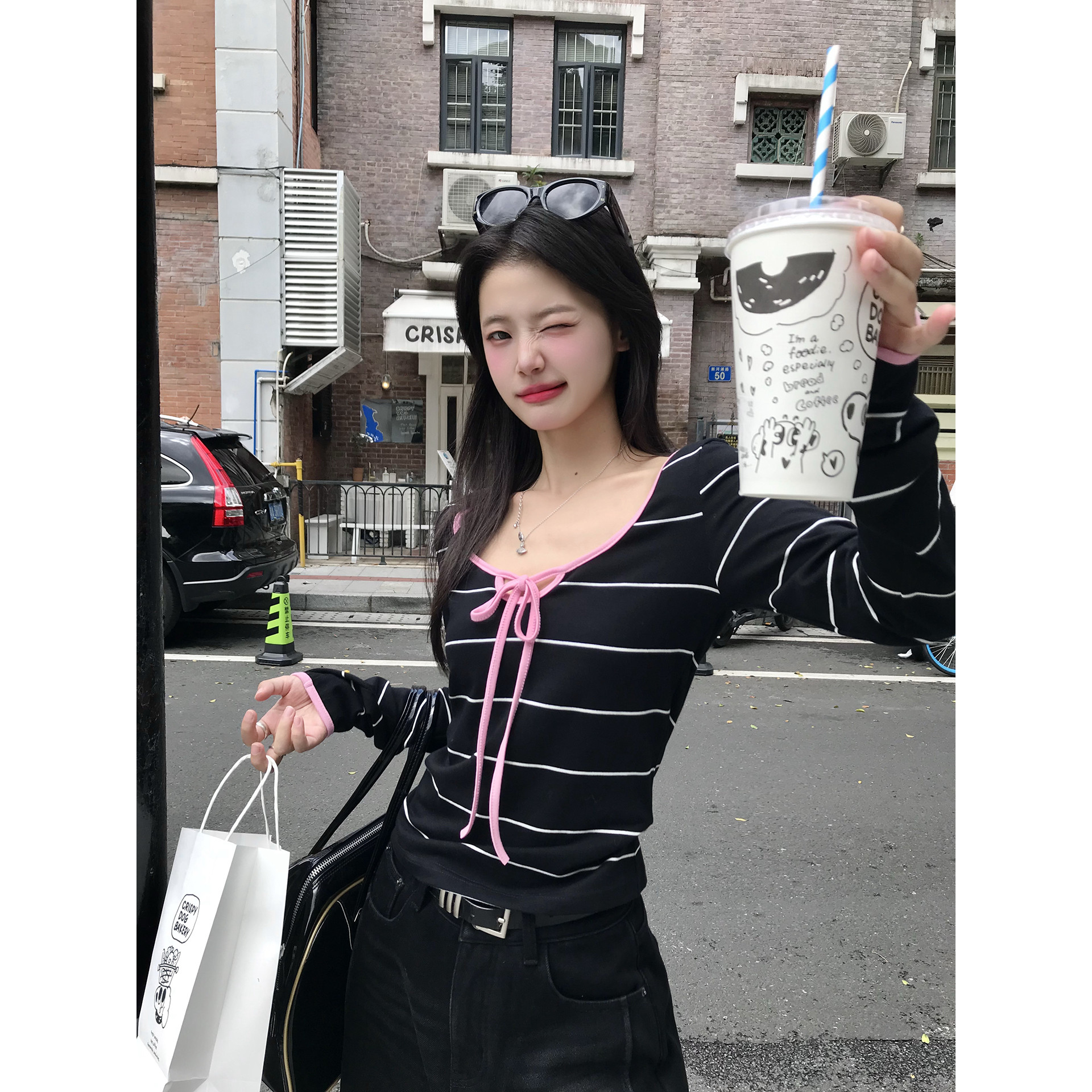 慵懒风撞色条纹长袖T恤女v领上衣
