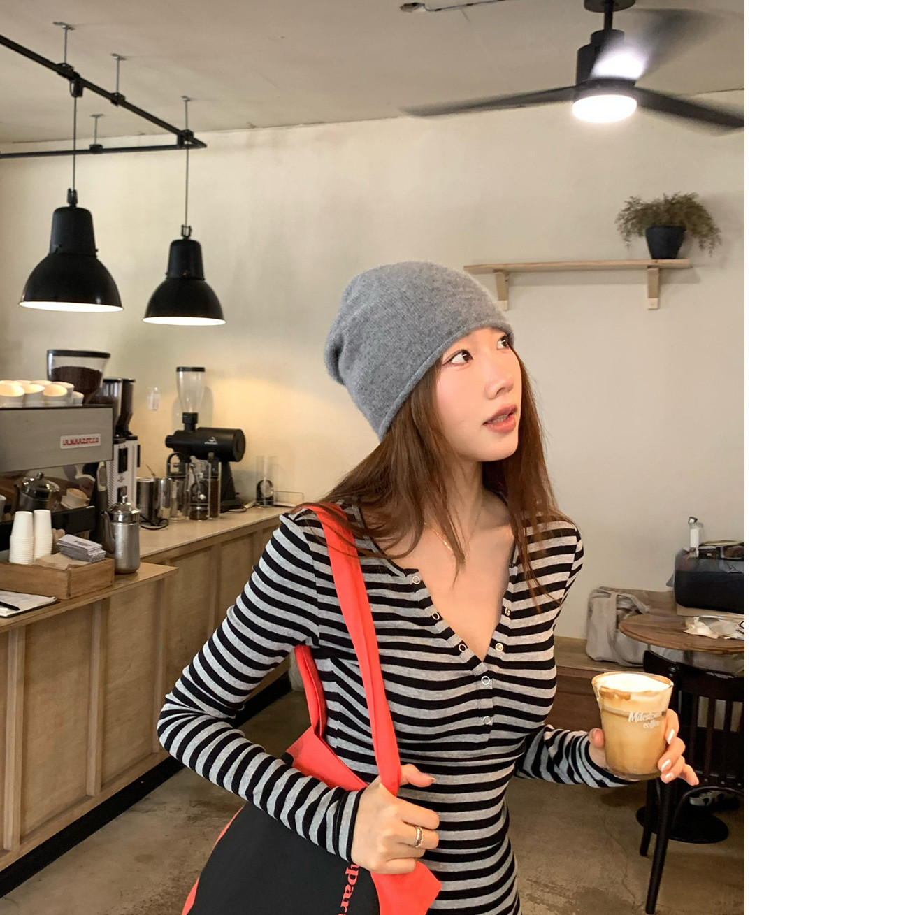 撞色条纹长袖t恤女秋季修身显瘦T恤
