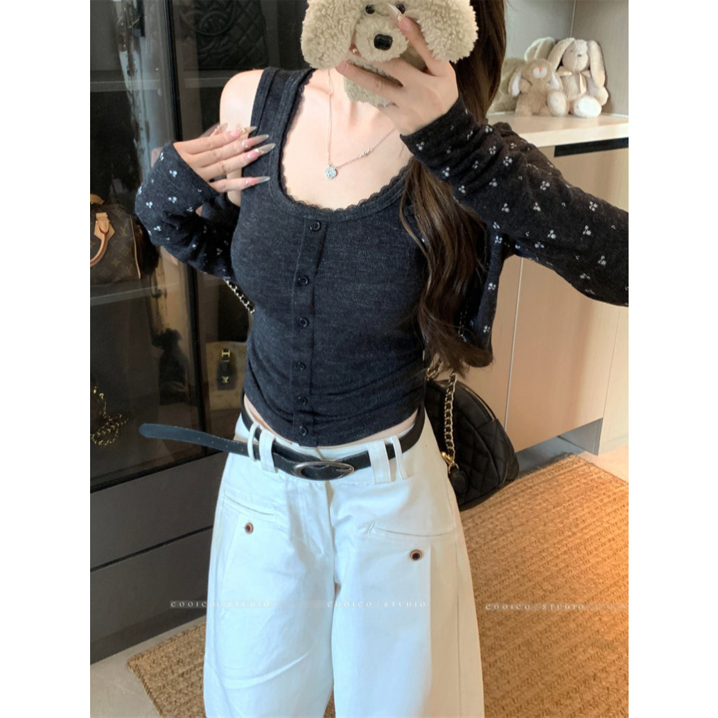 蕾丝内搭吊带背心女碎花开衫外套两件套秋季修身显瘦短款上衣套装
