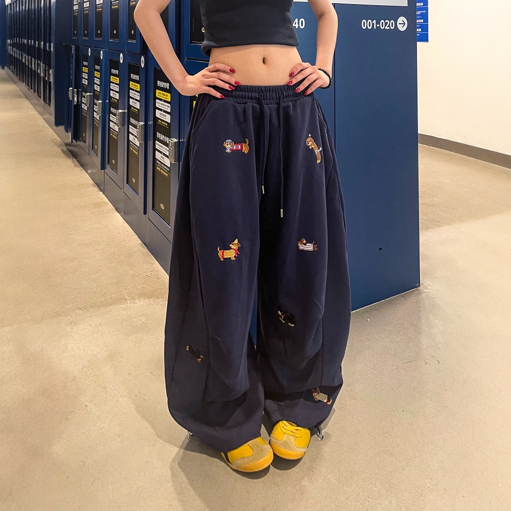 jazz美式刺绣运动阔腿卫裤女抽绳