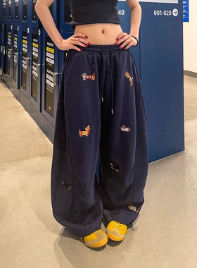 jazz美式刺绣运动阔腿卫裤女抽绳长裤子春秋慵懒松弛感宽松休闲裤