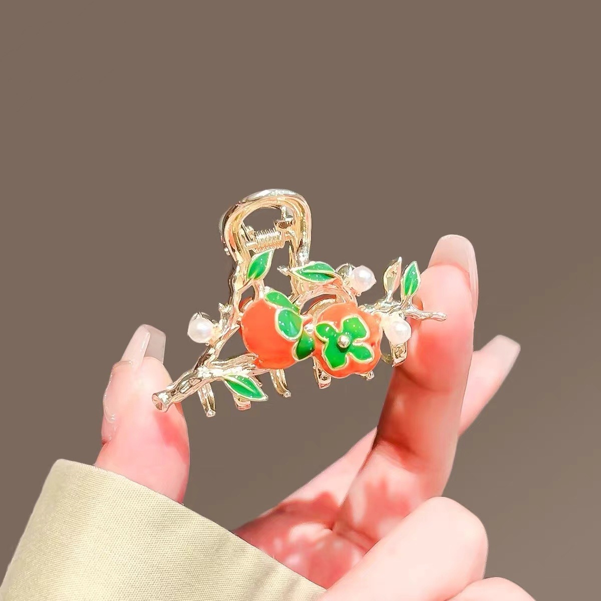 柿柿如意新中式柿子小抓夹精致后脑勺半扎发鲨鱼夹子小号发卡头饰