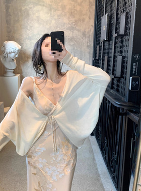 MOSS STUDIO 【春山茶】针织系带开衫披肩防晒罩衫薄短外套女