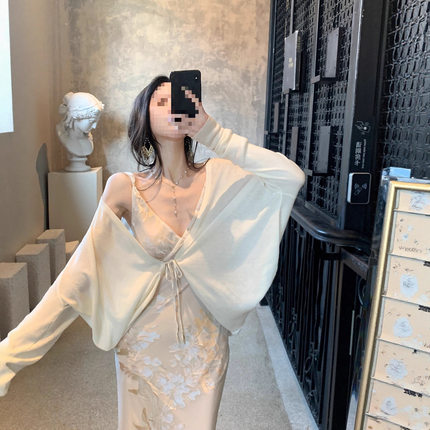 MOSS STUDIO 【春山茶】针织系带开衫披肩防晒罩衫薄短外套女