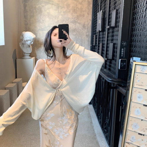 MOSS STUDIO 【春山茶】针织系带开衫披肩防晒罩衫薄短外套女