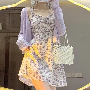 女夏设计感小个子气质短裙 针织防晒开衫 单件套装 碎花吊带连衣裙