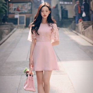 现货新款 学院风蕾丝喇叭短袖 品牌小个子女装 韩国代购 a字摆连衣裙