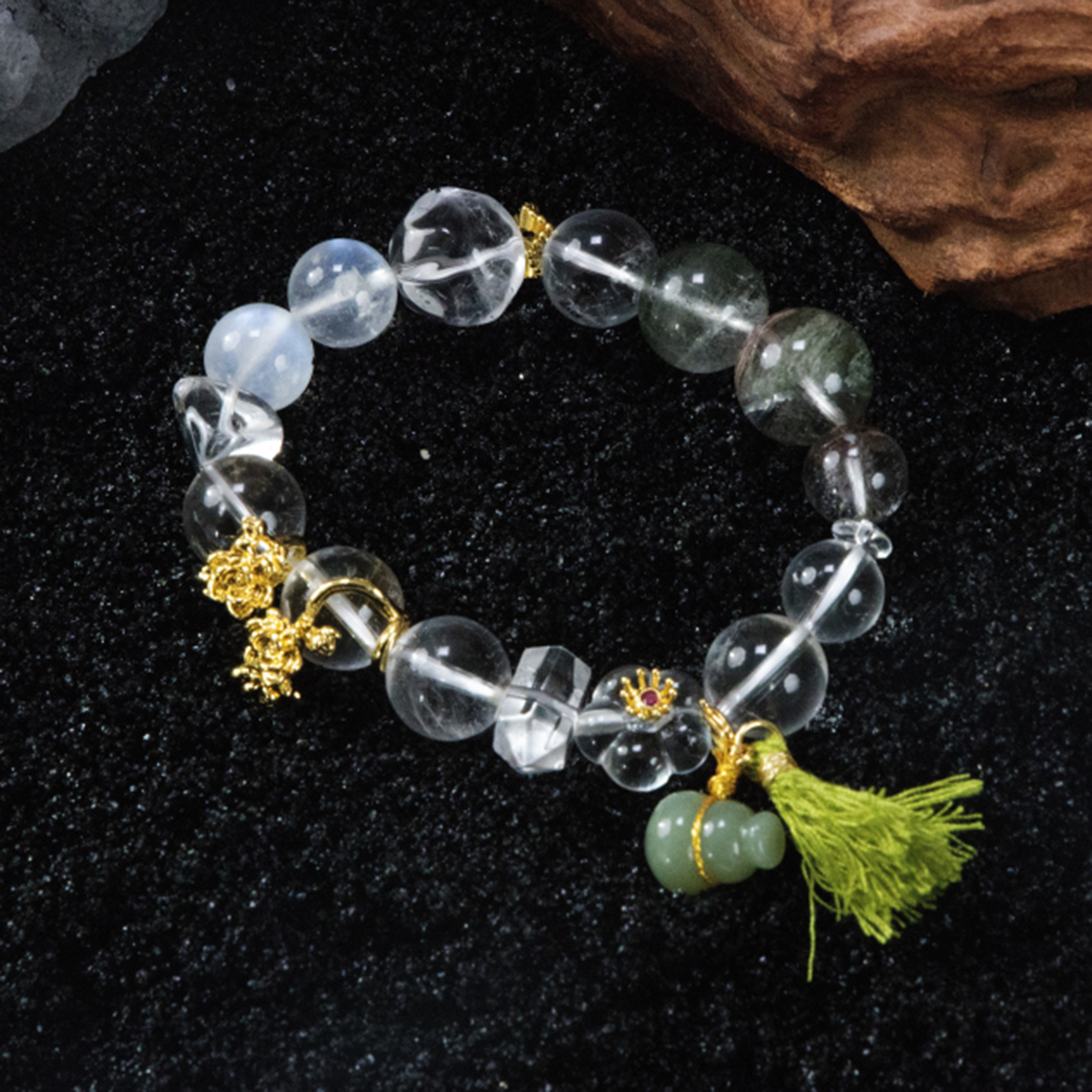 SHURUI 绿幽灵白水晶蓝月光设计师款天然水晶手链女流苏手串精致