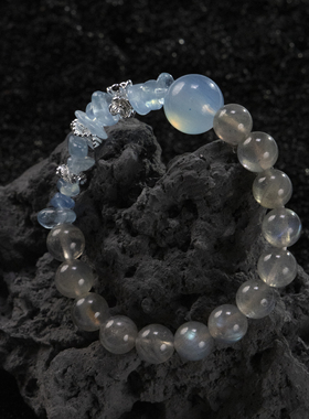 SHURUI 海蓝宝 蓝月光 白水晶天然石手串招财手链温润百搭设计感