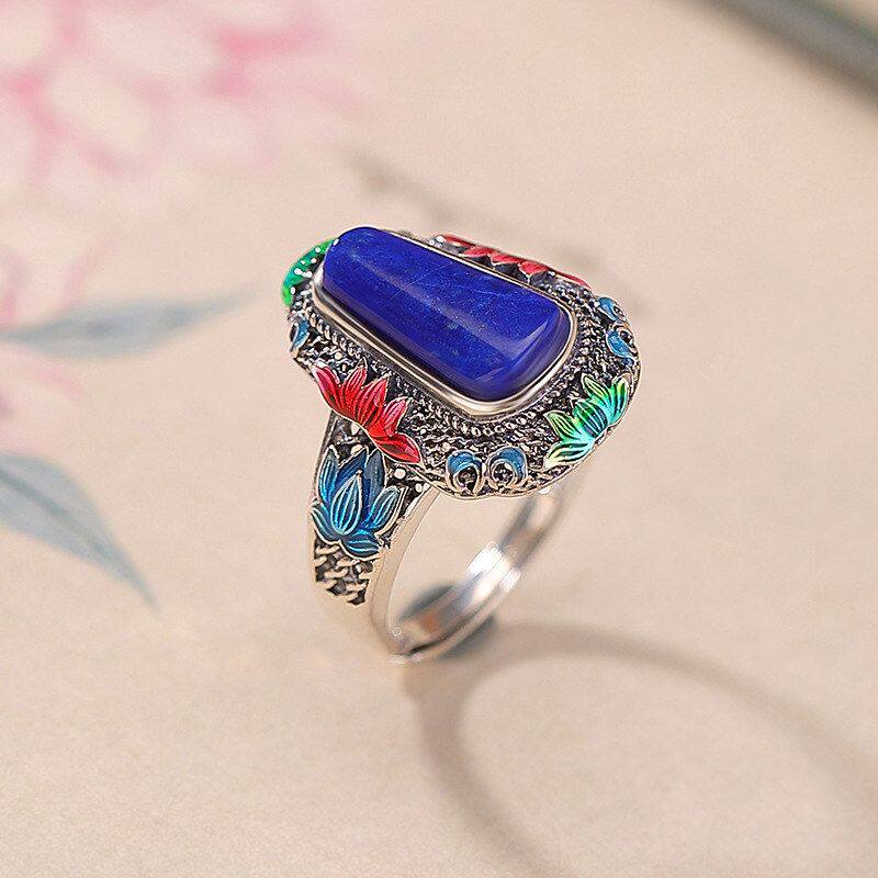 蒙客S925纯银青金石复古无事牌莲花珐琅戒指宫廷风高级感银指环
