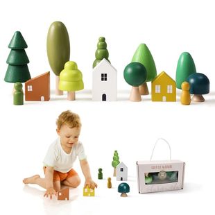 Block Forest Ornaments Wooden Christmas House Toy Building