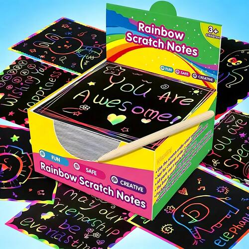 50/100 Rainbow Scratch Art Notes - Magic Scratch Paper Note