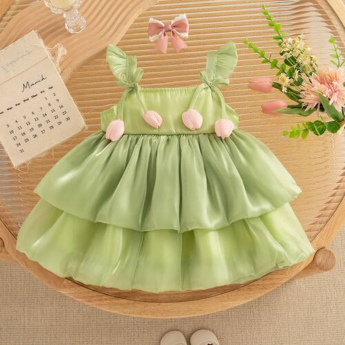 Summer  Sweet Tulip Baby Girl Dress, Cute Ruffled Sleeve Chi