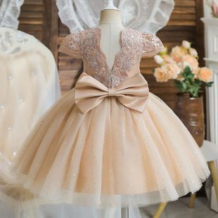 2025 Summer Sequin Big Bow Baby Girl Dress 1st Birthday Part