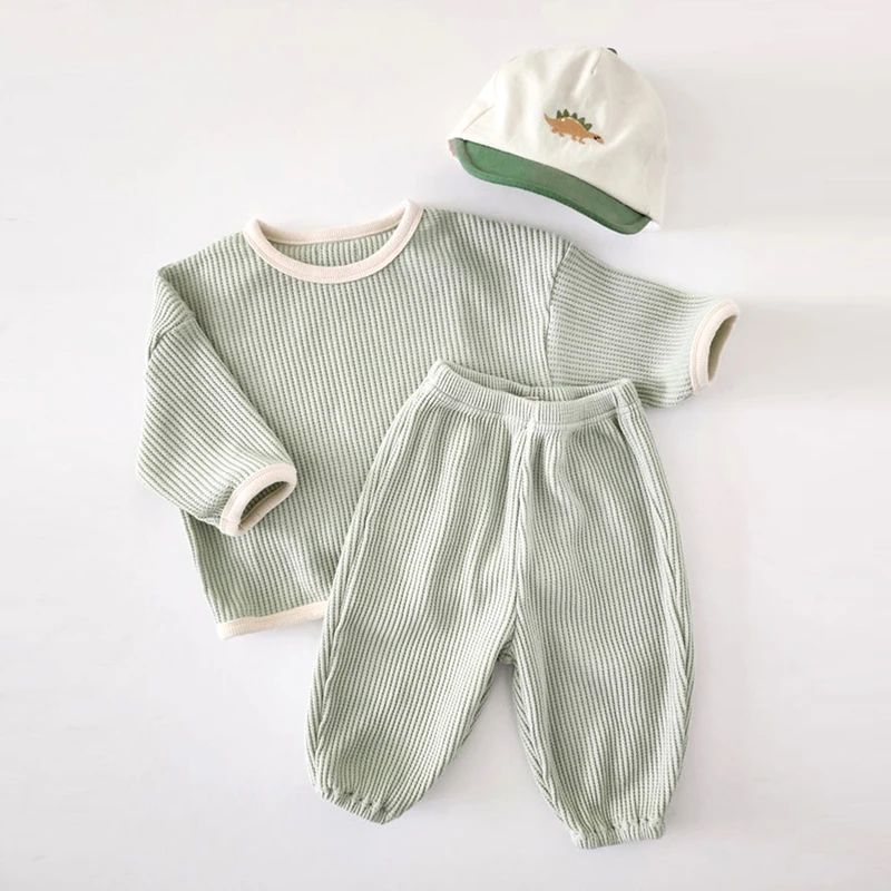 Korean Style Children Clothes Suit Waffle Pullover+Pants Bab