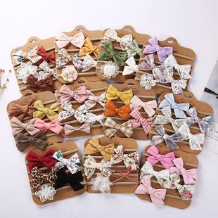 Flower Baby Cotton Nylon Print Lace Headband Bow Set 5Pcs