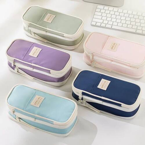 Cute Pencil Case for Girls Macaron Canvas Double Layer Large