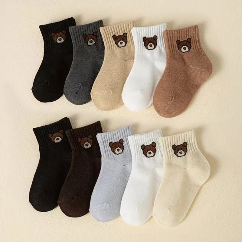 5 Pairs Kids Socks Cute Cartoon Bear Pattern Boys Girls Sock