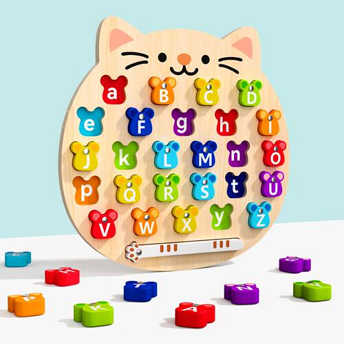 Wooden Cat Magnetic ABC Alphabet Puzzle Board Kids Education