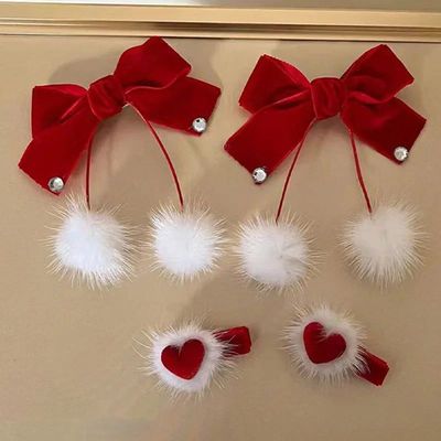Red Velvet Bow Hairpins for Princess Girl Cute Pompom Heart