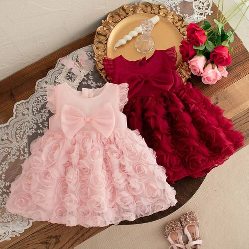(0-3 Year Old Baby Girl Princess Dress) Summer  Red Bow, Ros