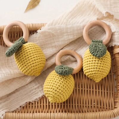 1PC Baby Lemon Crochet Ratter Toys Wood Teether Fruit Cotton