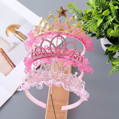 Rhinestone Crown Princess Girl Hair Hoops Lace Ruffle Sweet