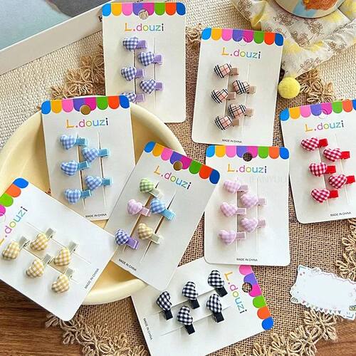 5Pcs/Set Cute Candy Color Heart Plaid Girl Hair Clips Korean