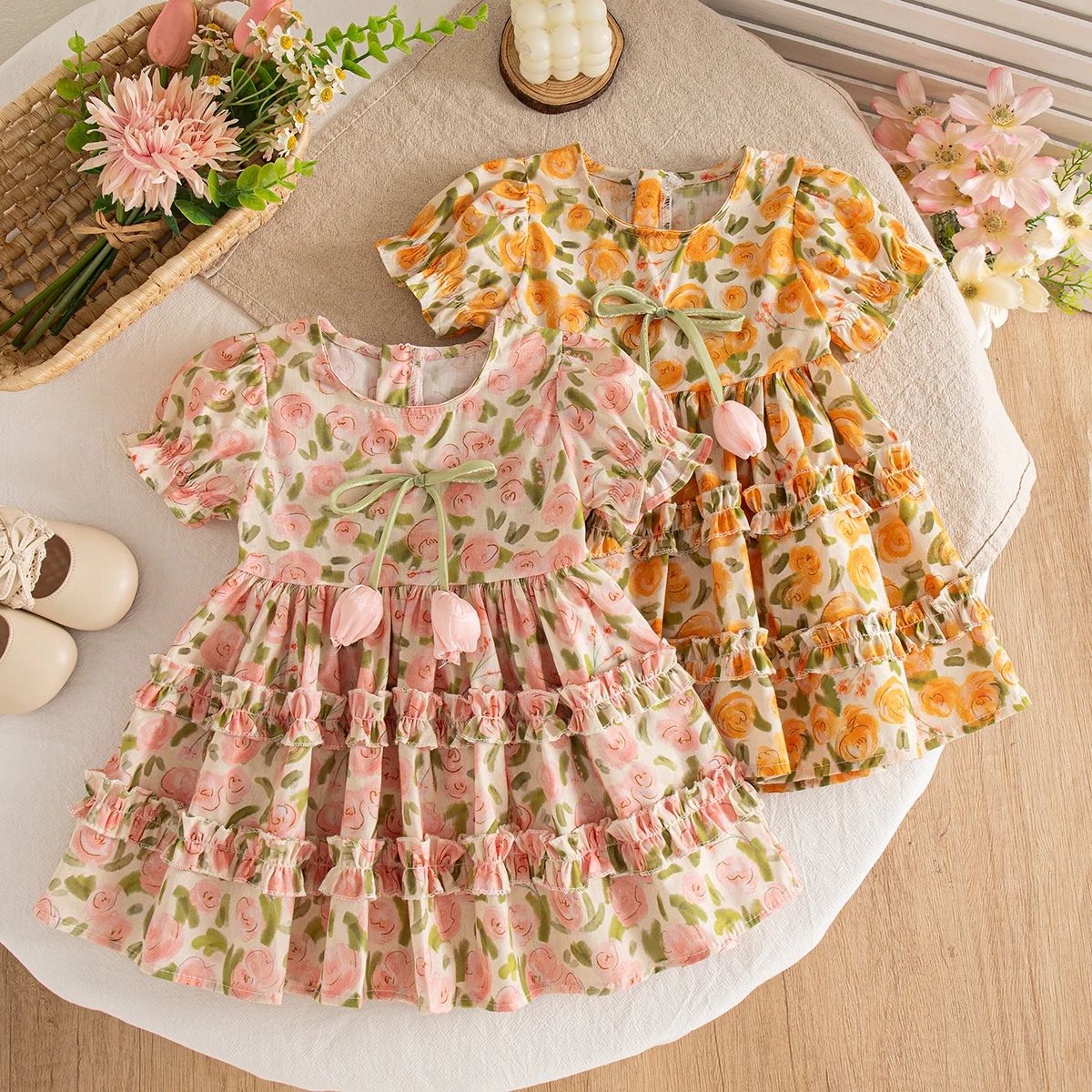 Girls Dresses Summer Cotton Bow Full Print Bubble Sleeve Bab图片