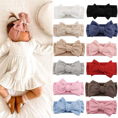 Solid Ribbed Cotton Baby Headband Big Bow Double Layers Knot