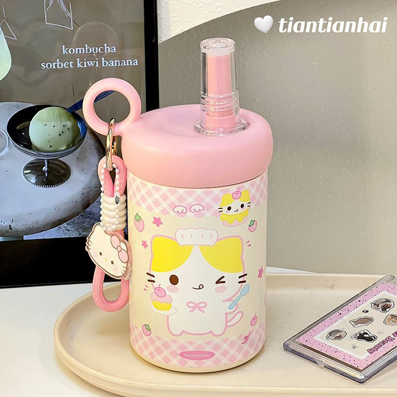 棉花糖猫吸管杯保温杯女2025新款高颜值可爱水杯便携ins学生杯子