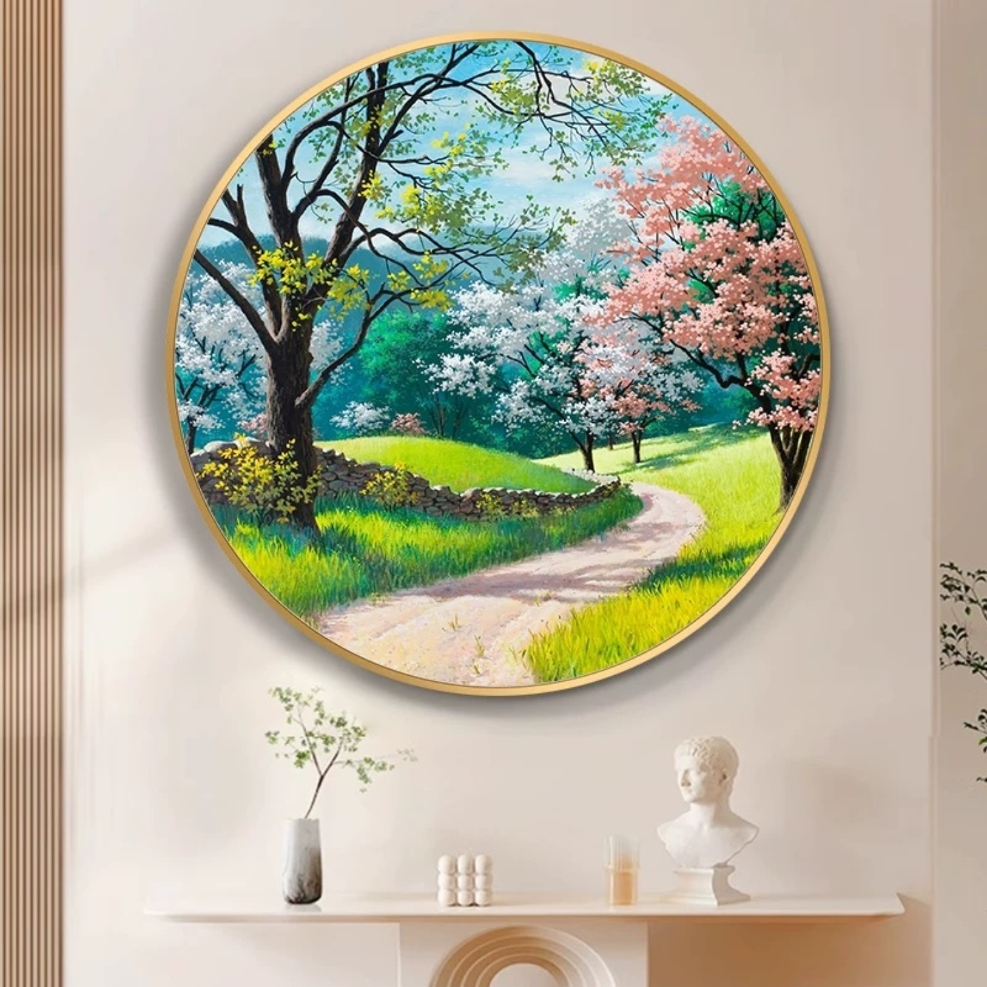现代玄关圆形装饰画发财树山水风景清新挂画客餐厅走廊过道墙壁画图片