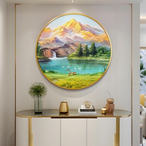 圆形聚宝盆金山水风景玄关墙挂画
