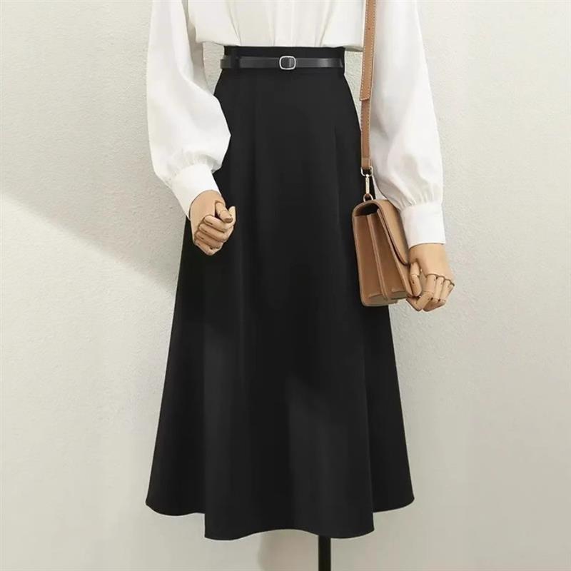 2025春秋女装高腰通勤职业米白色A字半身裙女垂坠感小个子大摆裙