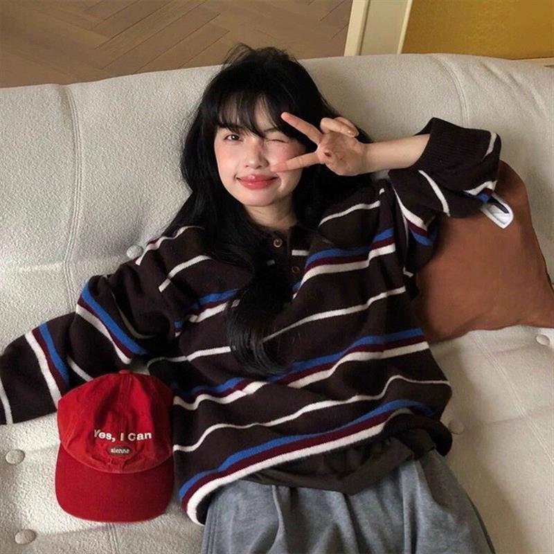 韩式撞色条纹polo衫2025秋冬新款宽松慵懒风软糯毛衣上衣翻领卫衣