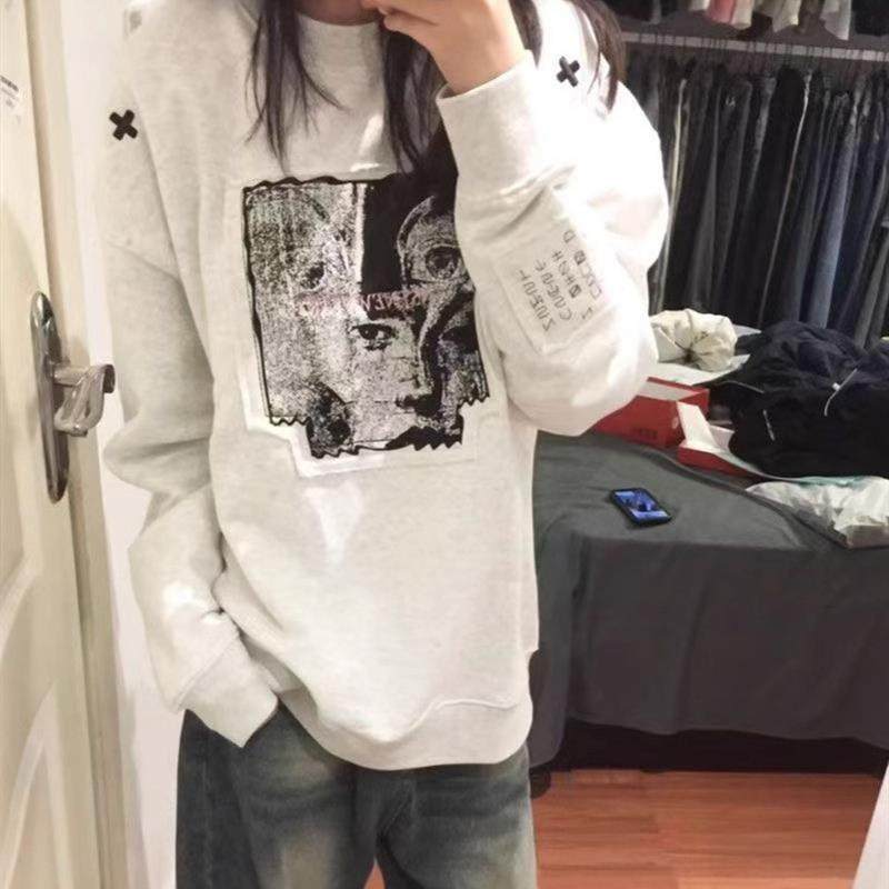 网红同款复古美式高街贴布刺绣宽松圆领无帽卫衣潮流