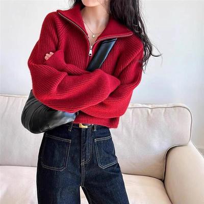 短款慵懒风小个子半拉链高领毛衣女秋冬针织衫外穿软糯宽松上衣潮