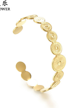 跨境爆款几何圆形拼接钛钢开口手镯欧美复古风14K金轻奢手饰