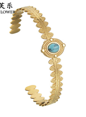 跨境复古风绿松石钛钢开口手镯女轻奢时尚简约级感手情侣学生饰品