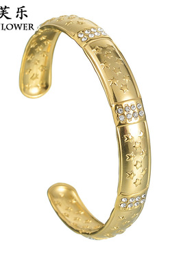 跨境欧美民族风不锈钢开口手镯女轻奢浮雕图案级感学生生日礼饰品