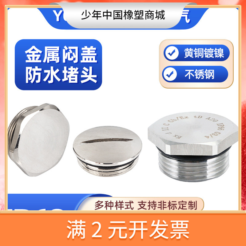 黄铜镀镍防水堵头闷盖不锈钢防爆304外六角堵塞头一字丝堵M20 PG9