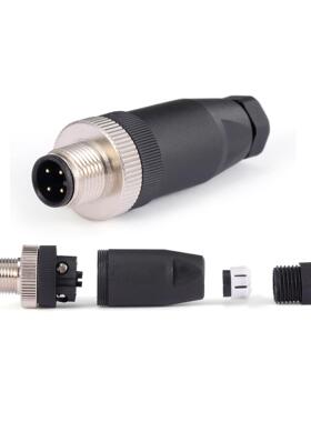 源头M12连接器4 5 8芯pin孔针直角斜角组装式插头螺钉接线