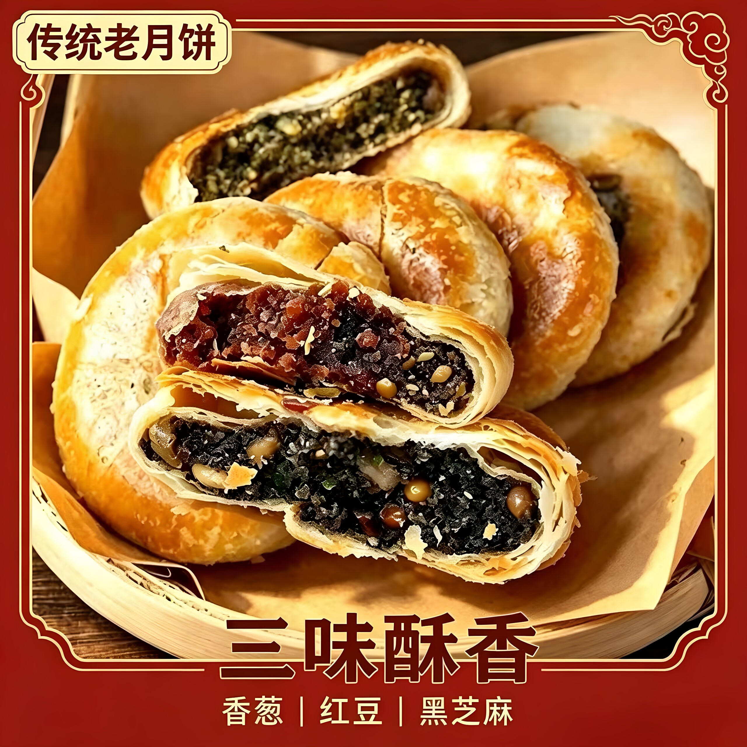 酥皮椒盐香葱月饼咸甜葱香木糖醇苏式老月饼中秋节老式糕点零食