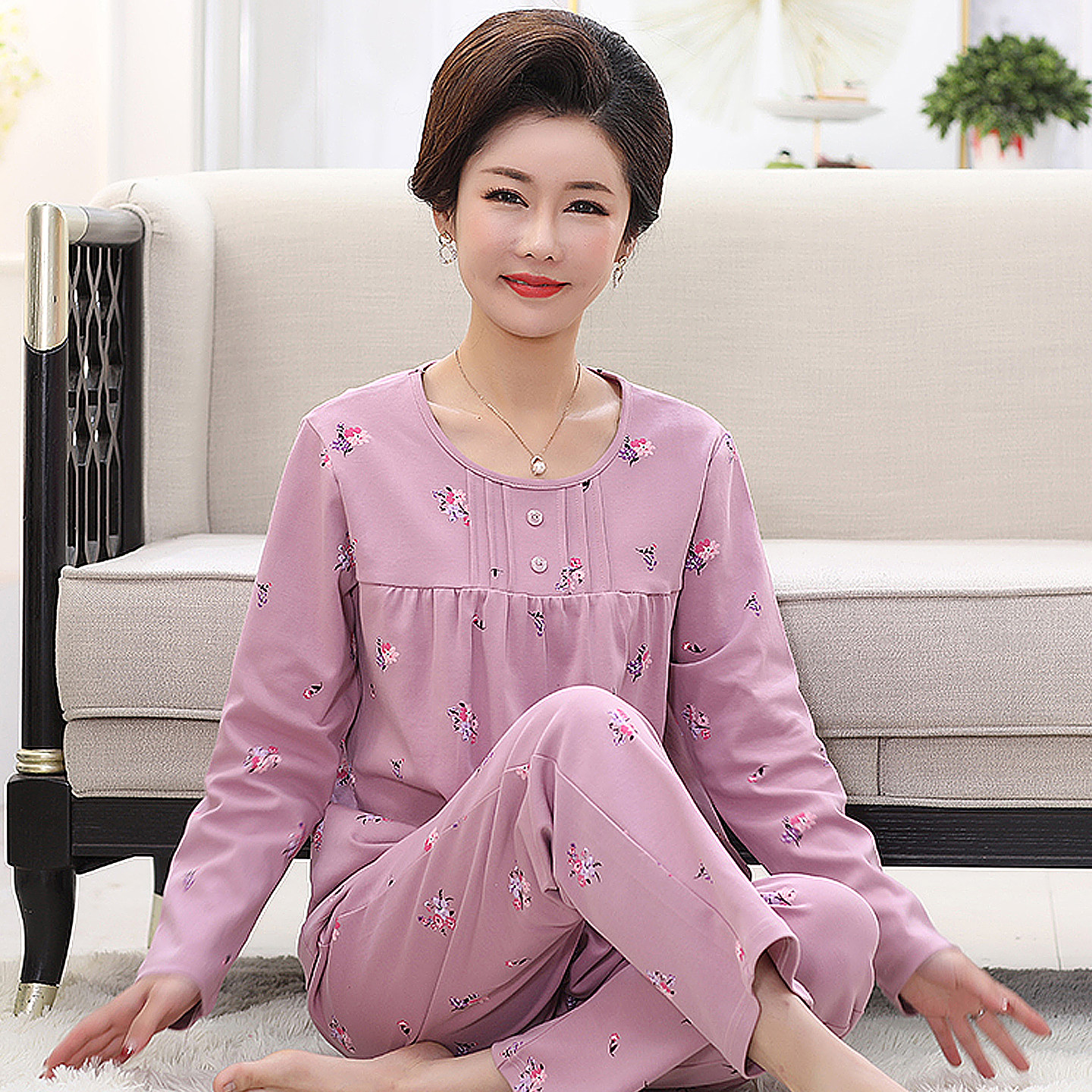 妈妈长袖睡衣全棉春秋季家居服