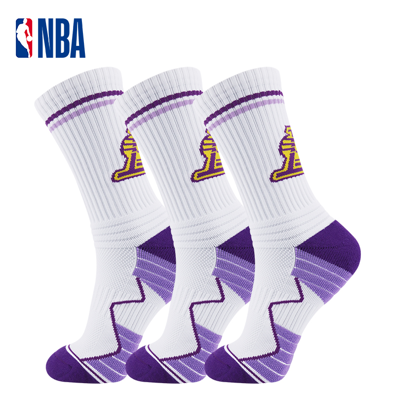 NBA篮球运动袜子男士高筒湖人队休闲毛巾底加厚吸汗透气秋冬3双装