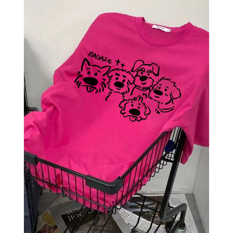 印花港风可爱手绘小狗t恤玫红色情侣夏季百搭男女纯棉上衣短袖ins