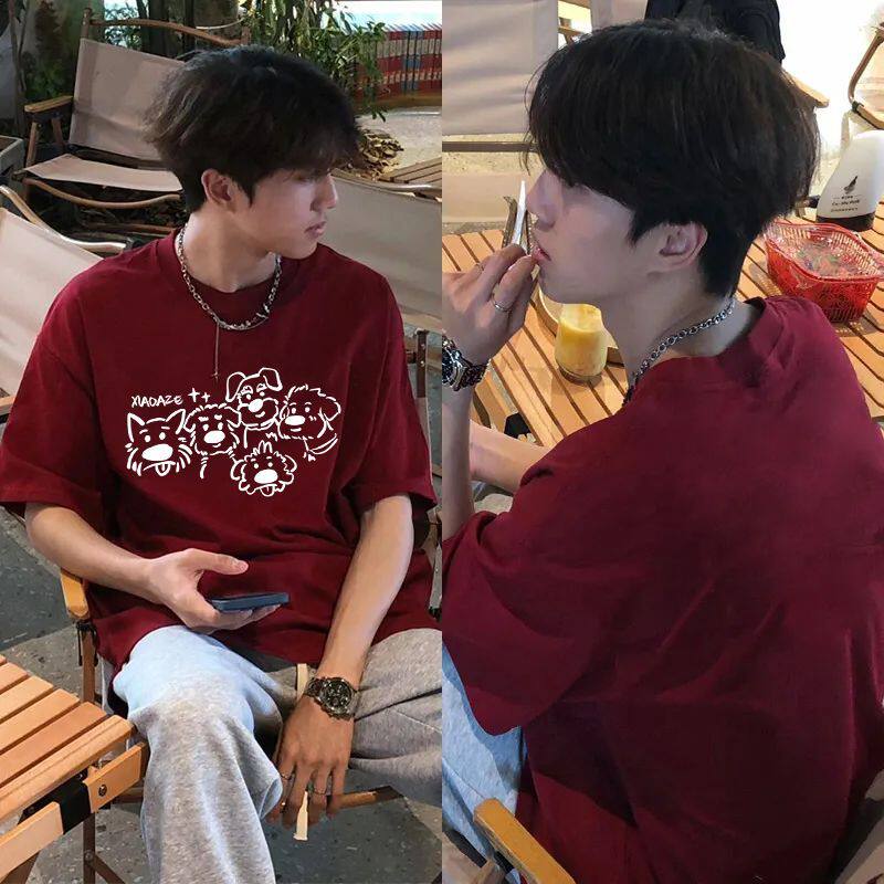 港风可爱手绘小狗印花t恤夏季百搭情侣酒红色上衣男女纯棉短袖ins