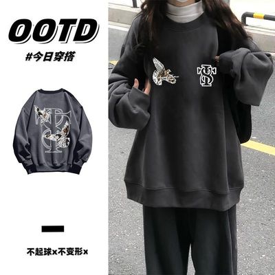 深灰色秋冬原宿风加厚加绒圆领卫衣男女情侣日系印花纯棉无帽上衣